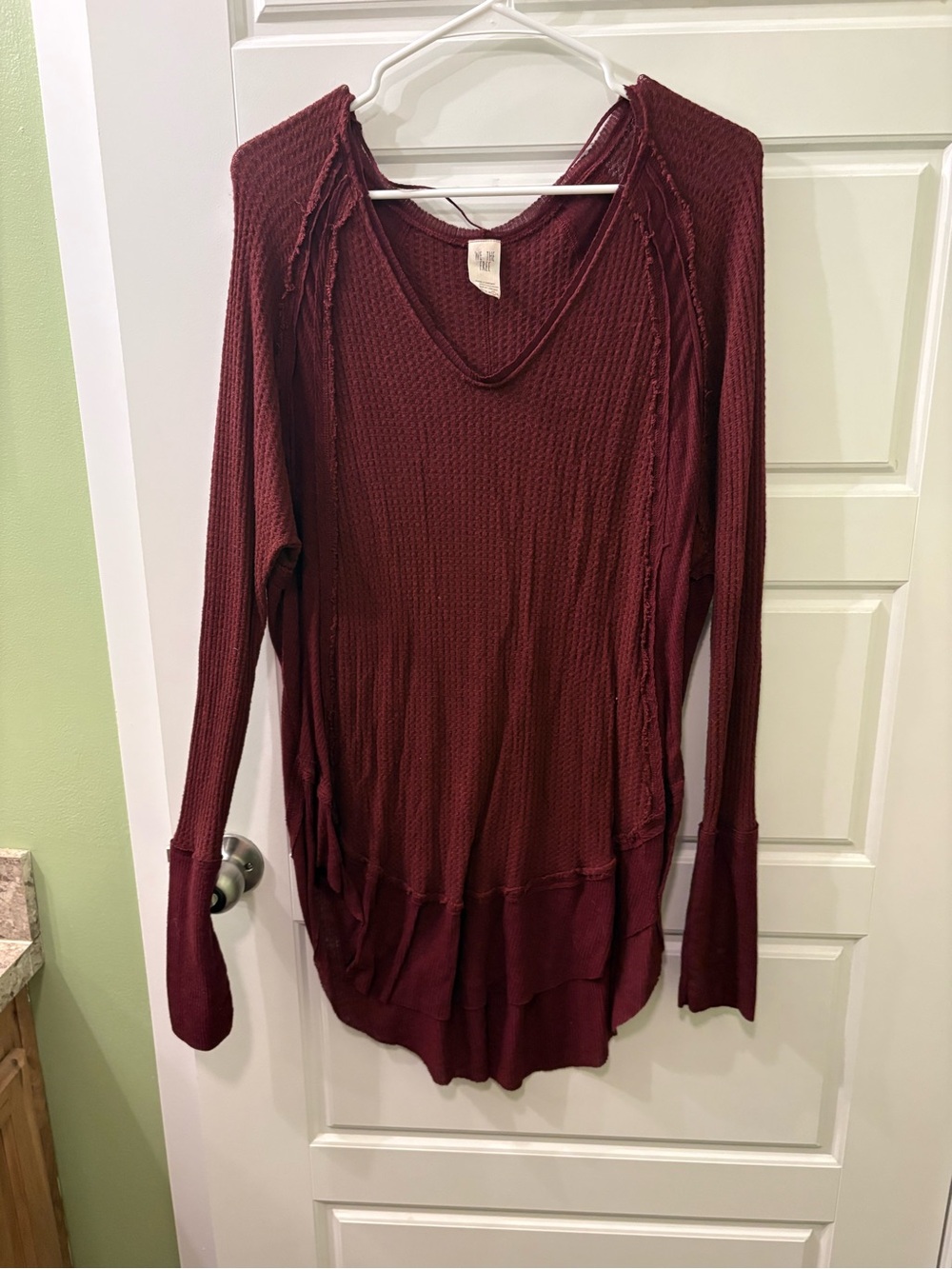 We The Free Burgundy Waffle-Knit V-Neck Long Sleeve Top